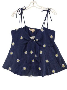 Women's Bloomfield babydoll cami top featuring white daisy embroidery front tie